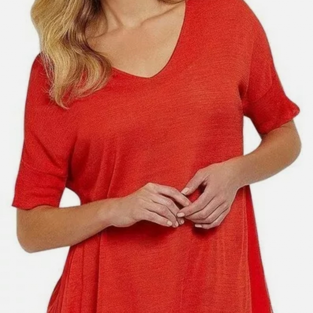 Eileen Fisher Silk Tussah w Chiffon Trim V-Neck Box Top Firefly Sz XS NW…